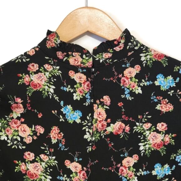 ModCloth Floral Ruffle Mock Neck Front Tie Waist Black Midi Dress Size S - Picture 12 of 16